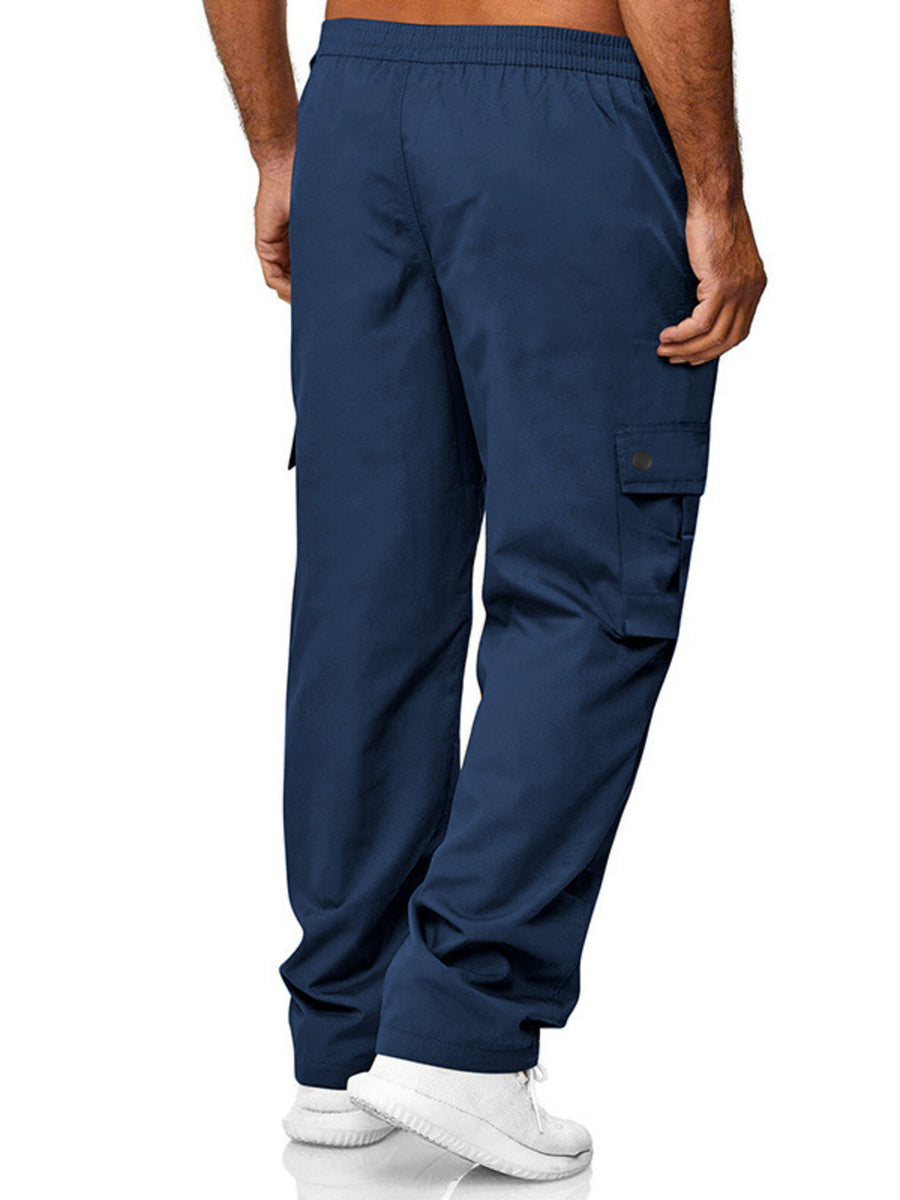 Navy blue cargo pants with adjustable waist and button-flap side pocket.