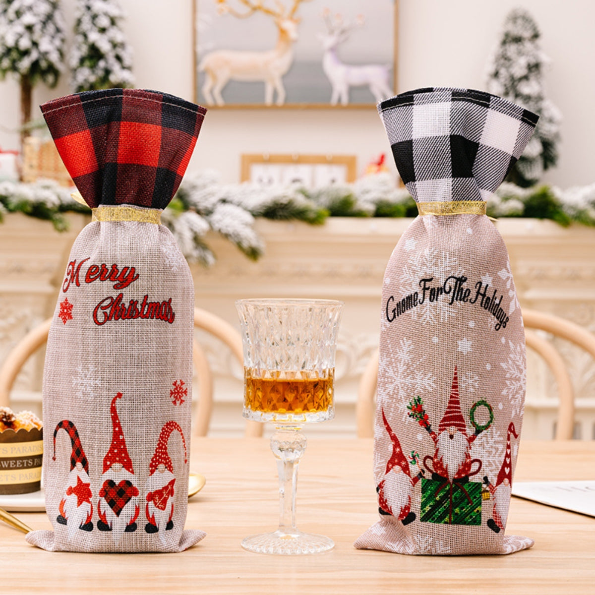 Festive gnome plaid bottle covers with Merry Christmas and Gnome For The Holidays text.