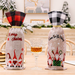 Festive gnome plaid bottle covers with Merry Christmas and Gnome For The Holidays text.