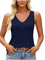 V-neck Ribbed Knit Tank Top in Green