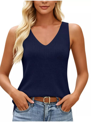 V-neck Ribbed Knit Tank Top in Green