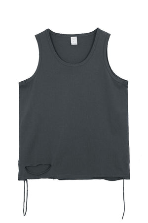 Dark grey distressed tank top with raw edges and drawstring hem