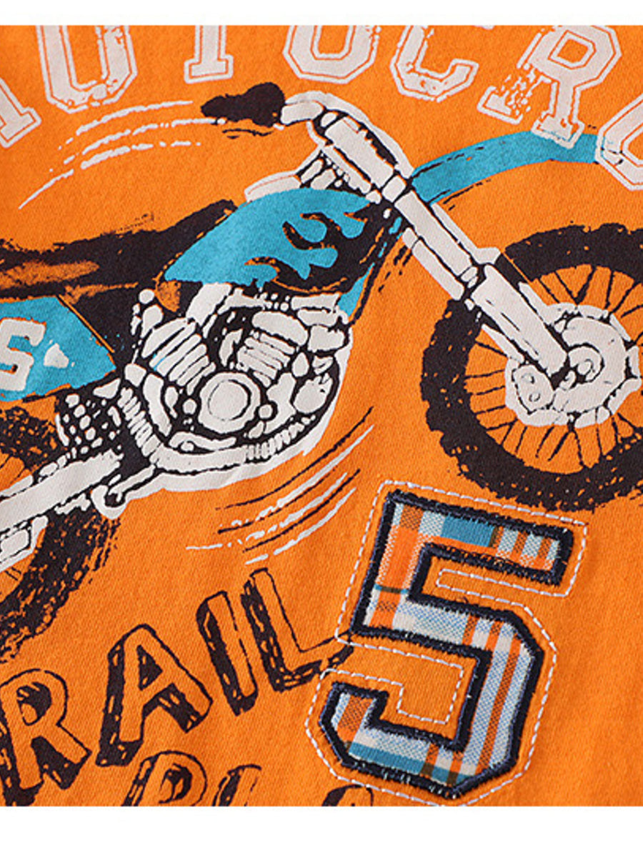 Toddler orange graphic tee with motorcycle and number 5 applique, cotton.