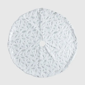 White Christmas tree skirt with silver feather pattern