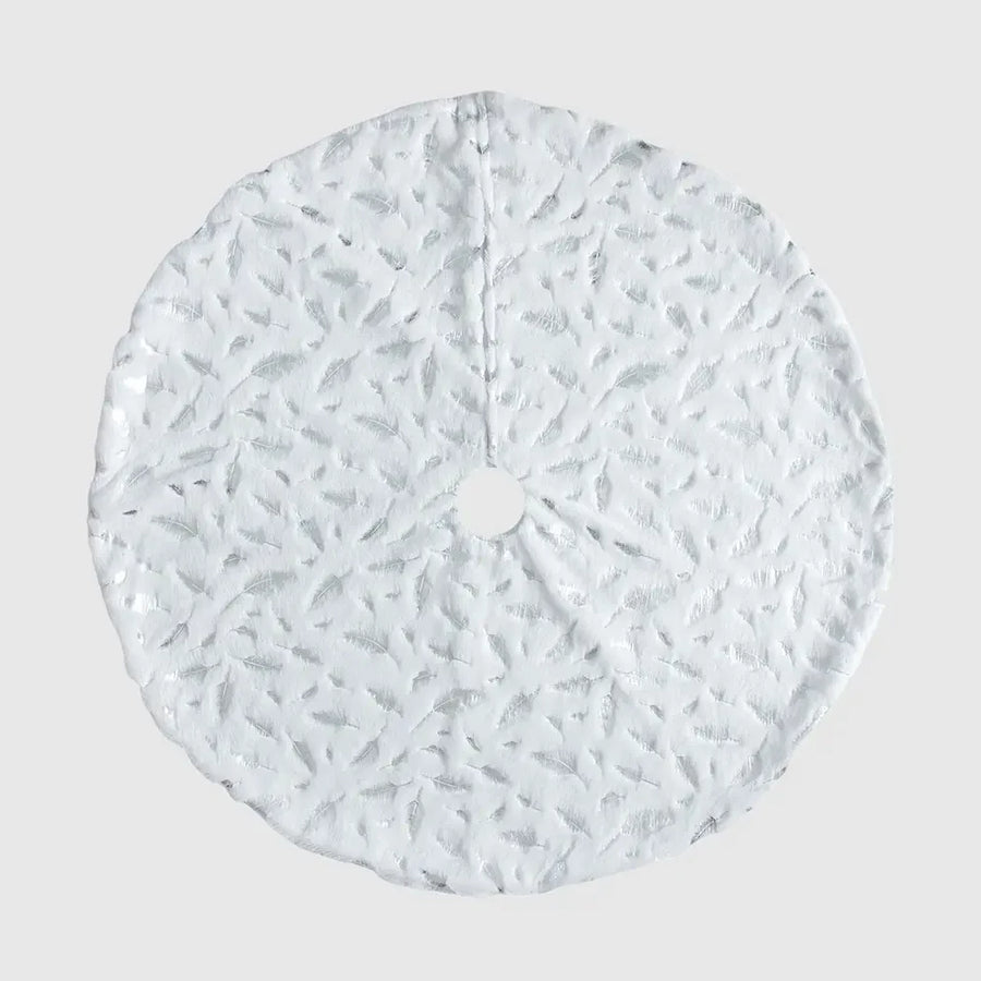 White Christmas tree skirt with silver feather pattern