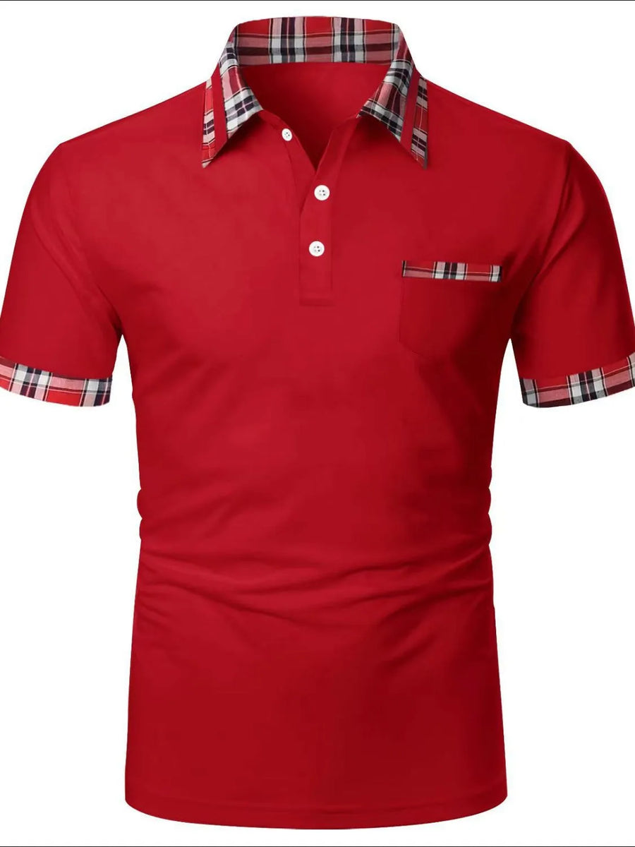 Red polo shirt with plaid trim on collar, pocket and sleeves.