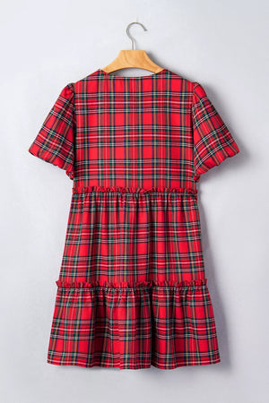 Plaid Knot Neck Short Sleeve Mini Dress option 5