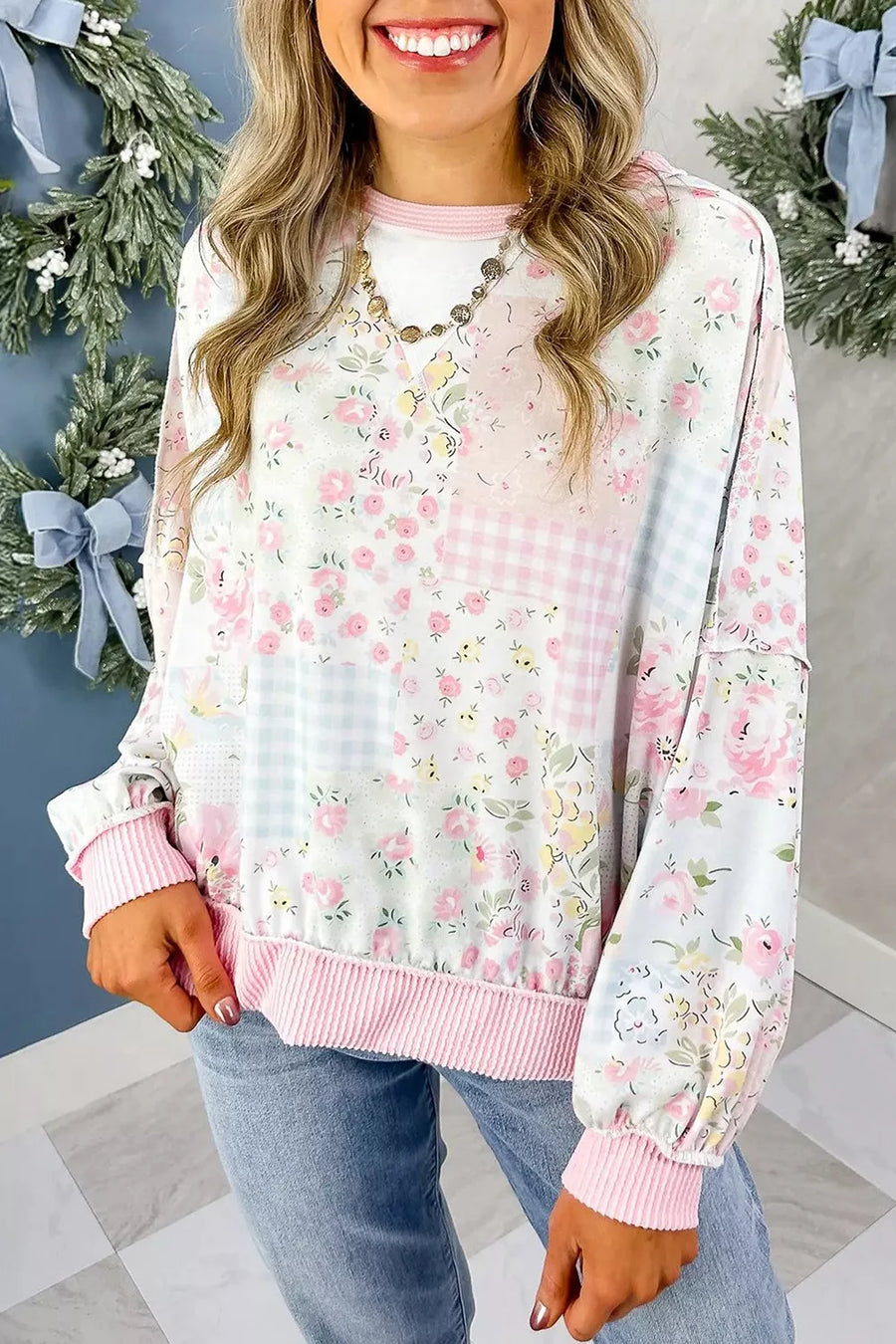 Blush Pink with Twisted Ribbed Trim Floral Print Sweatshirt