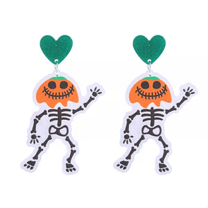 Spooky skeleton dangle earrings with green heart tops, Style A