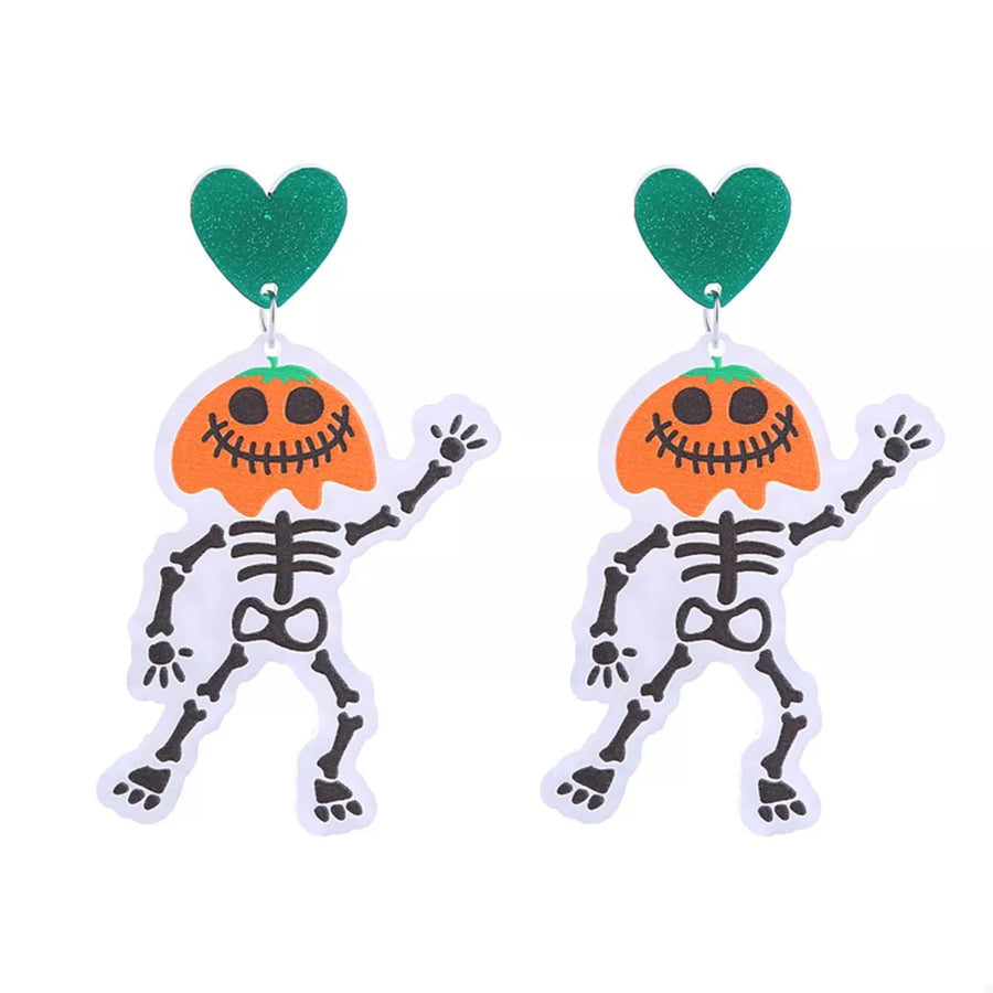 Spooky skeleton dangle earrings with green heart tops, Style A