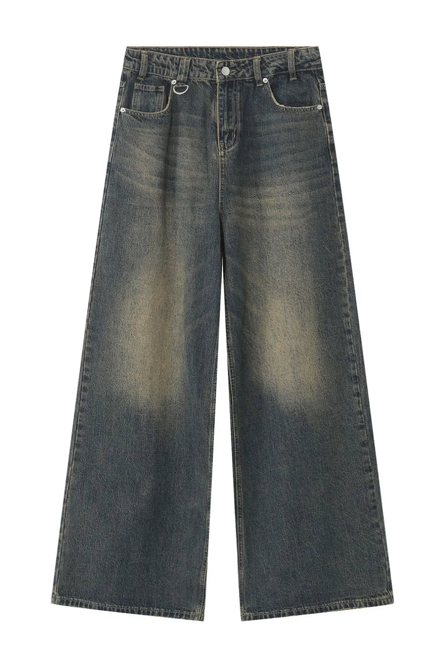 Faded wash palazzo denim trousers in dark blue with a wide leg and distressed details.