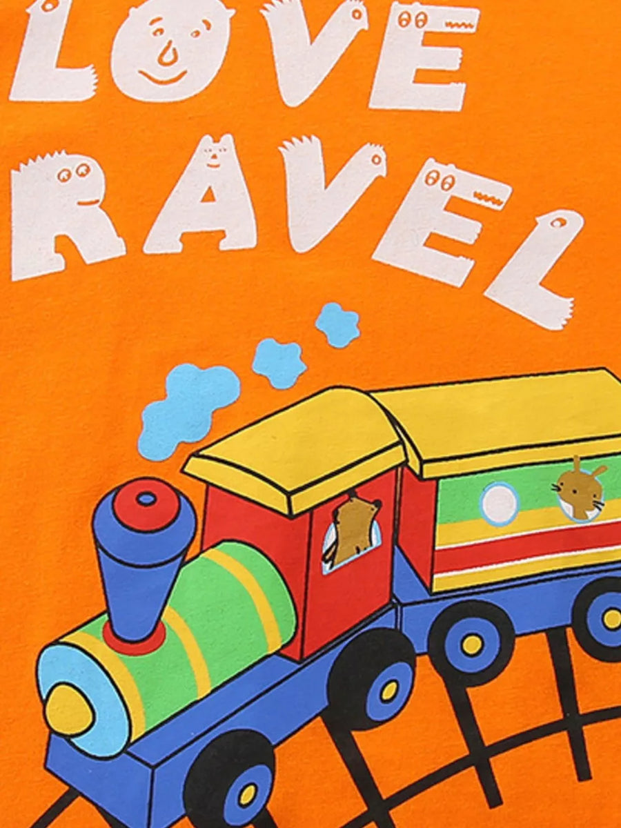 Orange cotton t-shirt with playful train graphic and "LOVE TRAVEL" text.