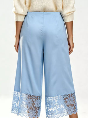 Blue Lace Trim Wide-leg Cropped Pants