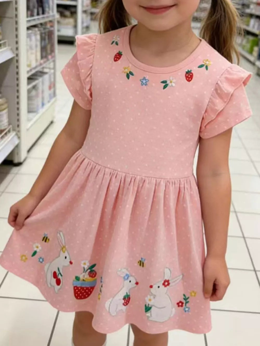 Pink polka dot toddler dress with embroidered bunnies, strawberries, flowers, and ruffles.