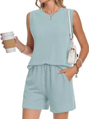Air Force Blue ribbed knit set with sleeveless top and pocketed shorts.