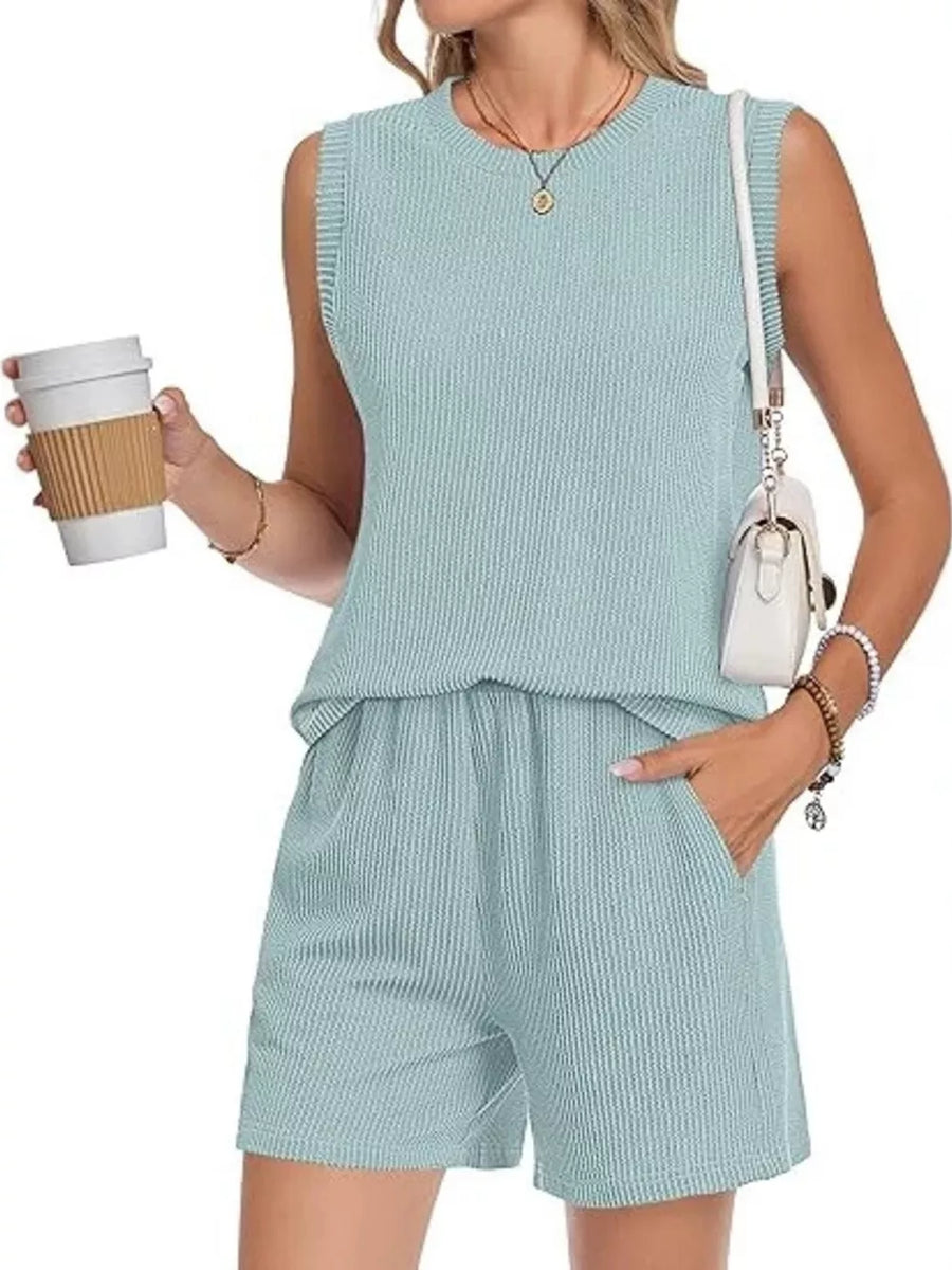 Air Force Blue ribbed knit set with sleeveless top and pocketed shorts.
