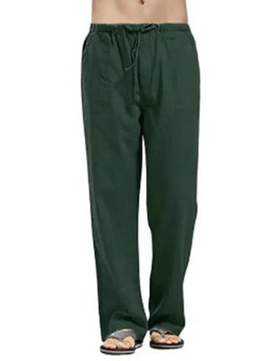 Relaxed fit linen drawstring trousers in Black Forest green with pockets.