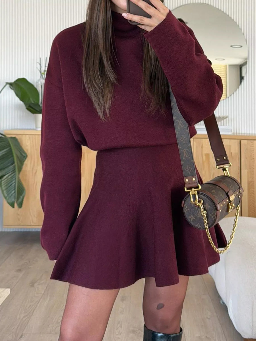 Burgundy turtleneck sweater and flared mini skirt set, casual knit outfit for women