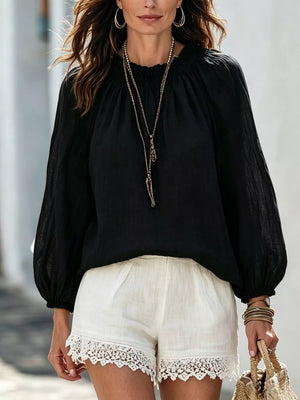 Round Neck Balloon Sleeve Blouse in Burgundy