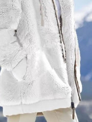 White cozy fleece zip-up hooded jacket with drawstring and front pocket detail.