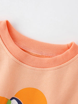 Tangerine crew neck sweatshirt for kids with a bird graphic detail.