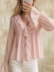 Dark Blue Ruffled V-neck Flounce Sleeve Blouse
