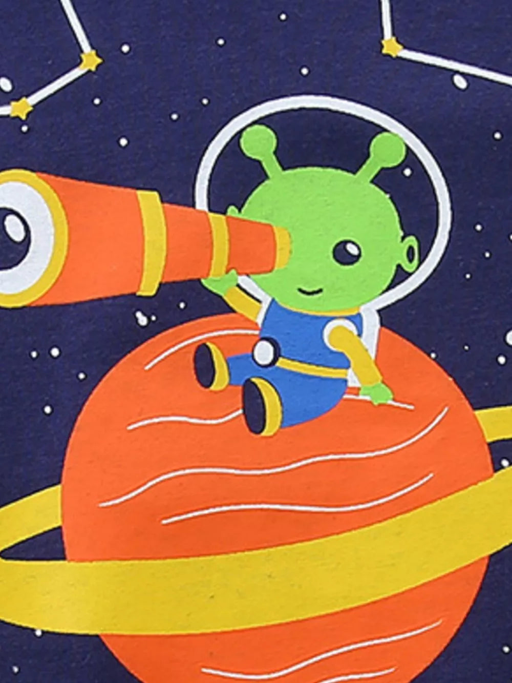 Boys' cotton tee with a cosmic alien and telescope print on a navy background.