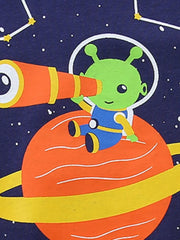 Boys' cotton tee with a cosmic alien and telescope print on a navy background.