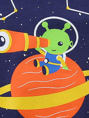 Boys' cotton tee with a cosmic alien and telescope print on a navy background.