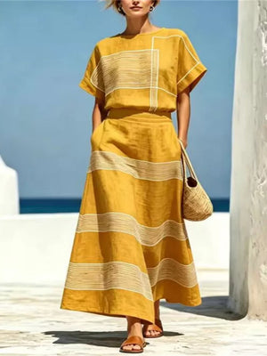 Full Size Striped Round Neck Top And Skirt Set in Brown