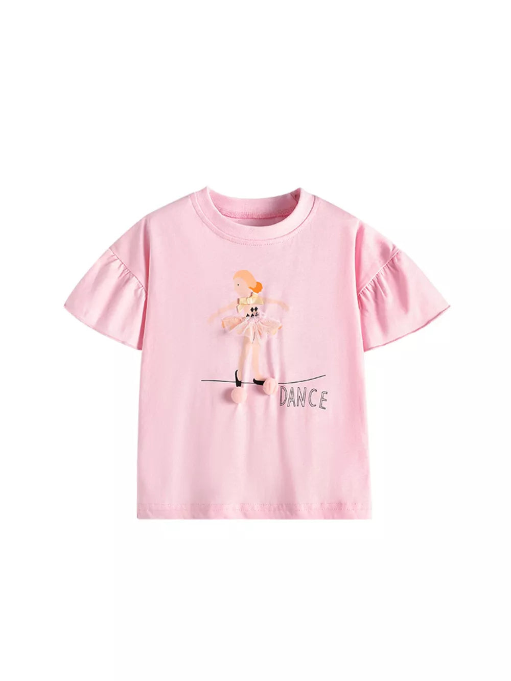 Pink cotton crew neck t-shirt with a 3D ballet dancer graphic and "DANCE" text.