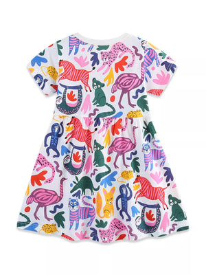 Toddler girls' white short sleeve dress with playful animal print and tiered skirt.