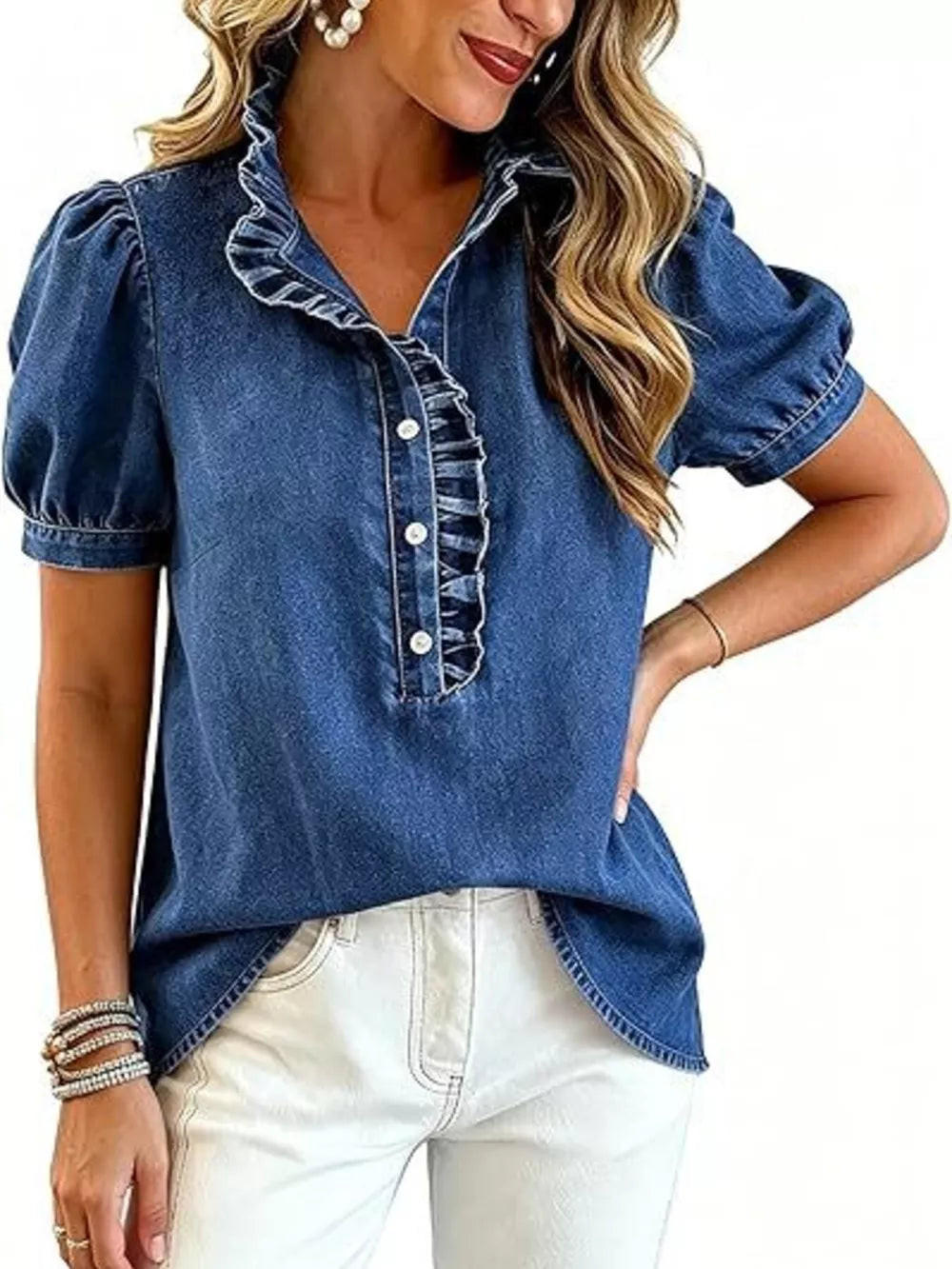 Frill Puff Sleeve Denim Top in Sky Blue with buttoned