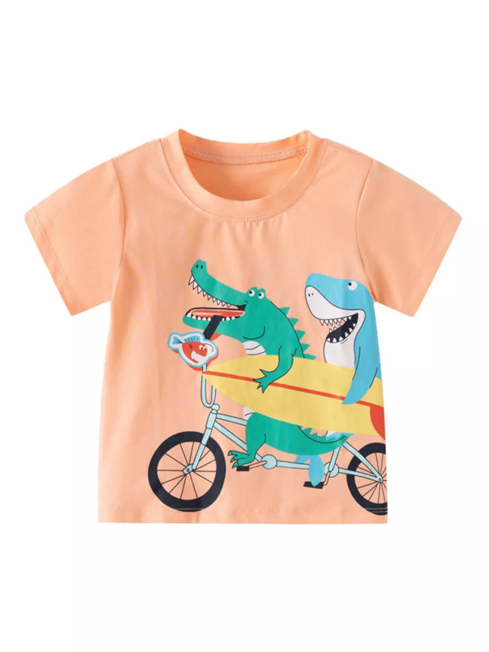 Peach cotton crew neck t-shirt with a graphic of a crocodile and shark riding a bicycle with a surfboard.