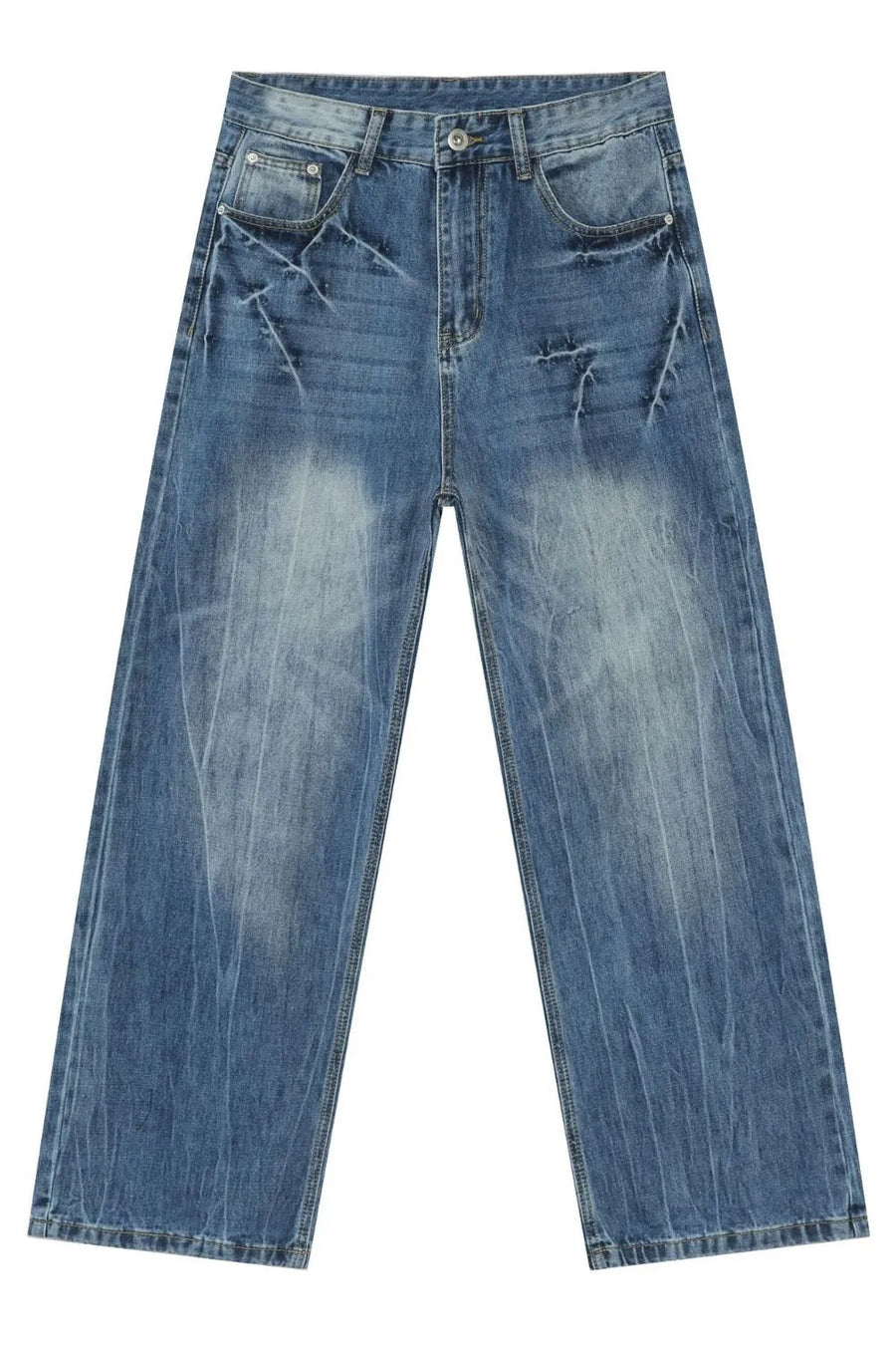 Wide-leg distressed denim jeans in vintage wash medium blue with faded details.