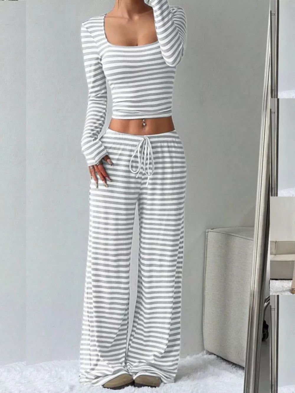Light gray striped crop top and wide-leg pants with drawstring waist.