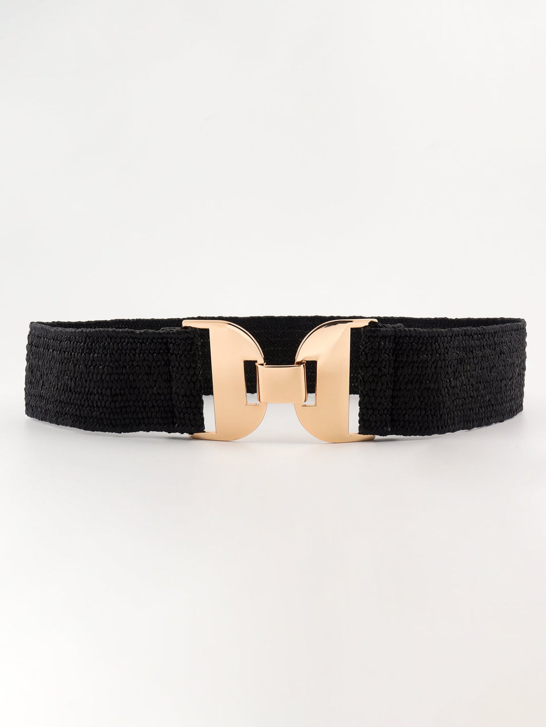 Black textured raffia belt with gold-tone double buckle detail