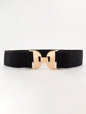 Black textured raffia belt with gold-tone double buckle detail