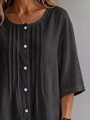 Yellow Full Size Texture Round Neck 3/4 Sleeve Blouse