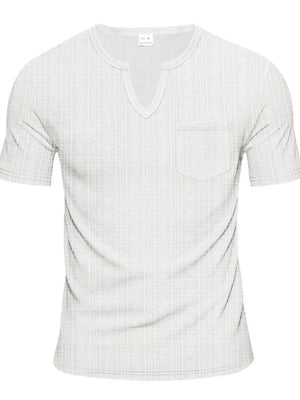 White textured notch neck t-shirt with short sleeves and a chest pocket.