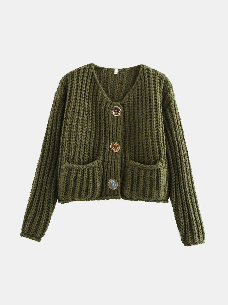Army green chunky knit cardigan with statement buttons and pockets