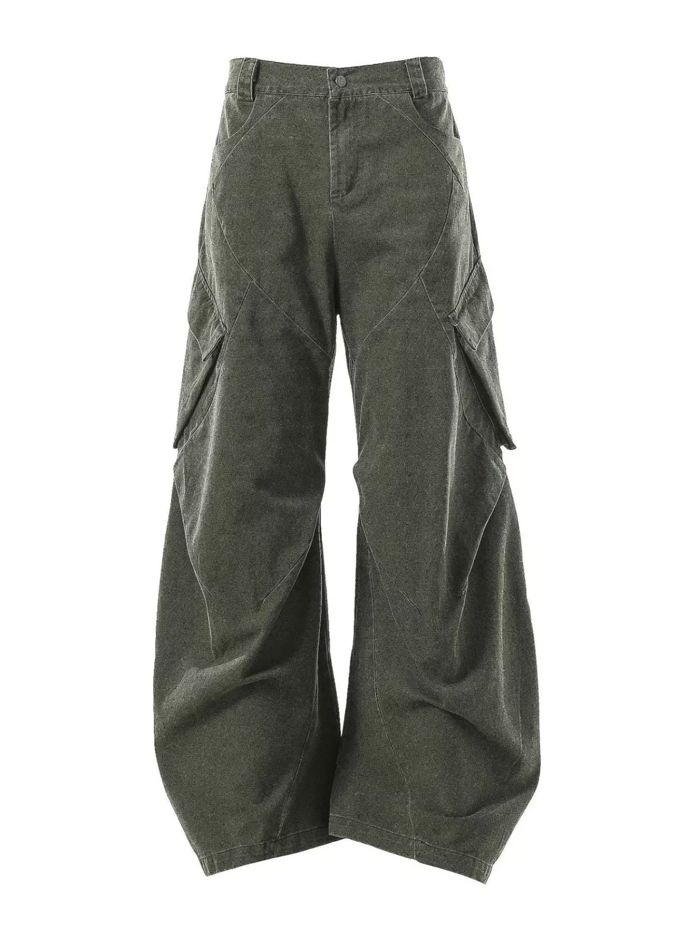 Textured paneled cargo pants in army green with a baggy fit and multiple pockets.
