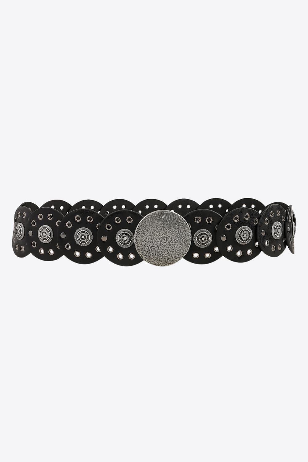 Black faux leather belt with circular disc embellishments and silver-tone studs.