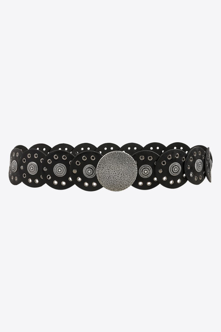 Black faux leather belt with circular disc embellishments and silver-tone studs.