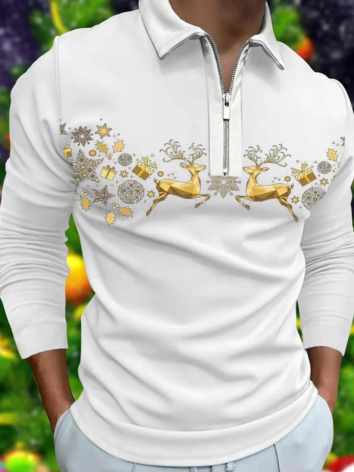 White zip-neck polo with festive reindeer and gift motif