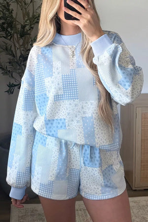 Light Blue Patchwork Floral Print Stand Neck Two-piece Set