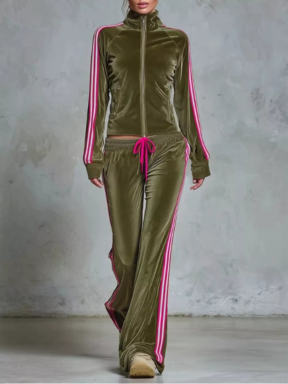 olive green tracksuit with striped and mock neck