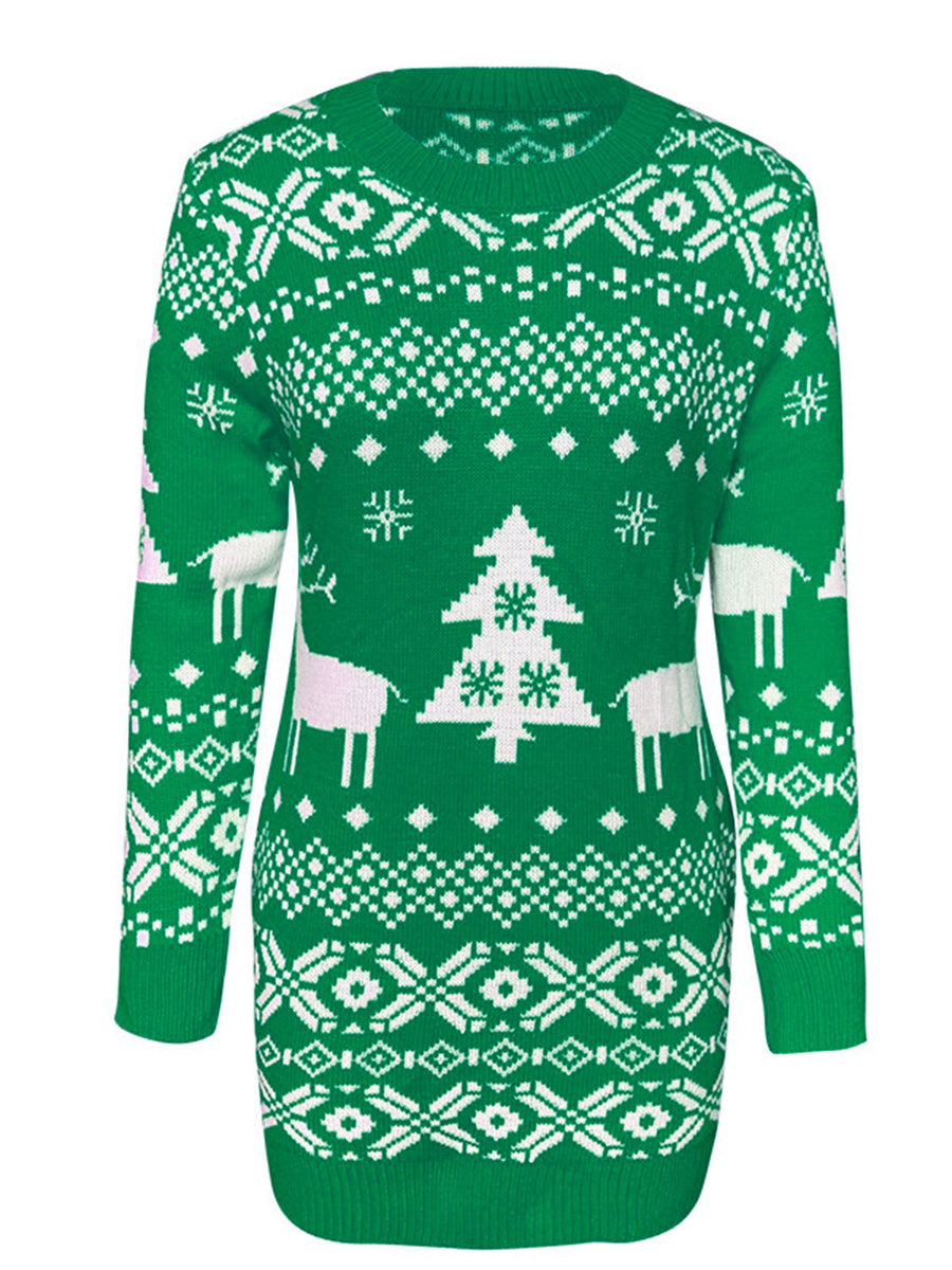 Green knit mini dress with Fair Isle pattern, Christmas trees, and reindeer.