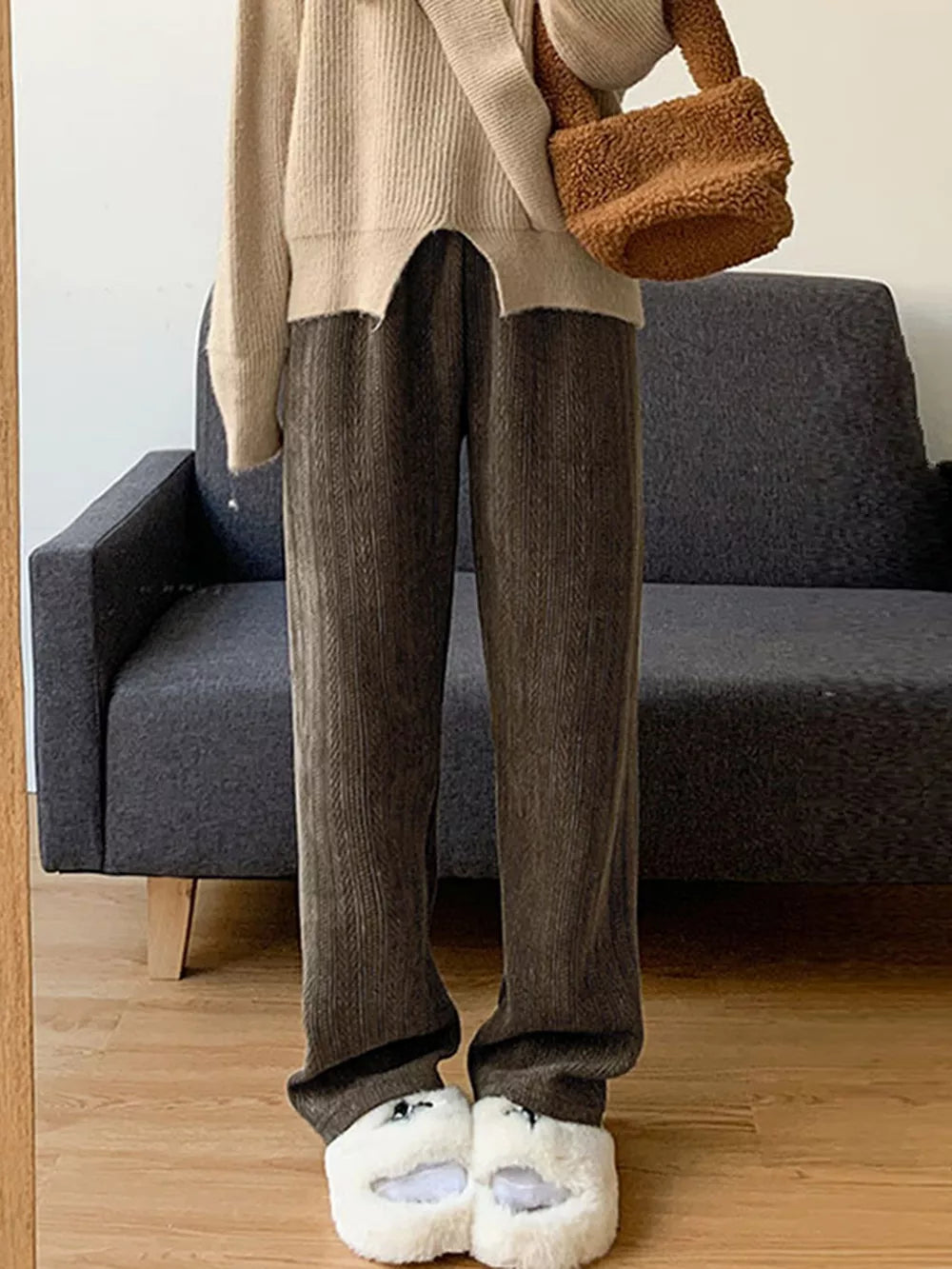 Khaki Corduroy Wide-leg Pants