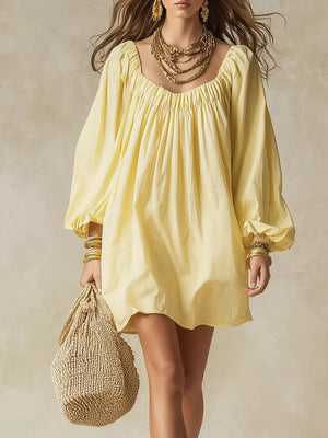 Flowy Balloon Sleeve Mini Dress in Army Green